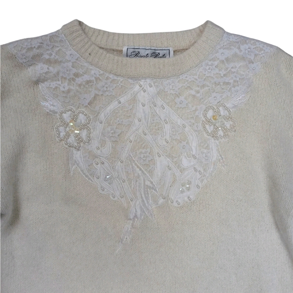 VTG Silk Angora Wool White Sweater Lace Beading
